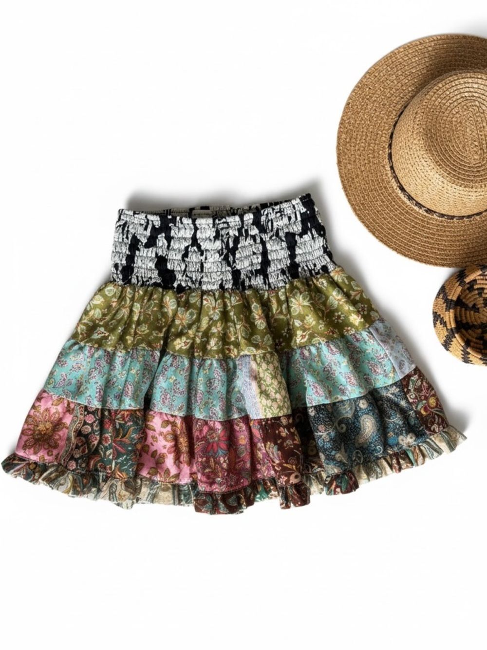 Karma Highway Boho Patchwork Mini Skirt One Size Paisley Tiered Festival 90s Y2K